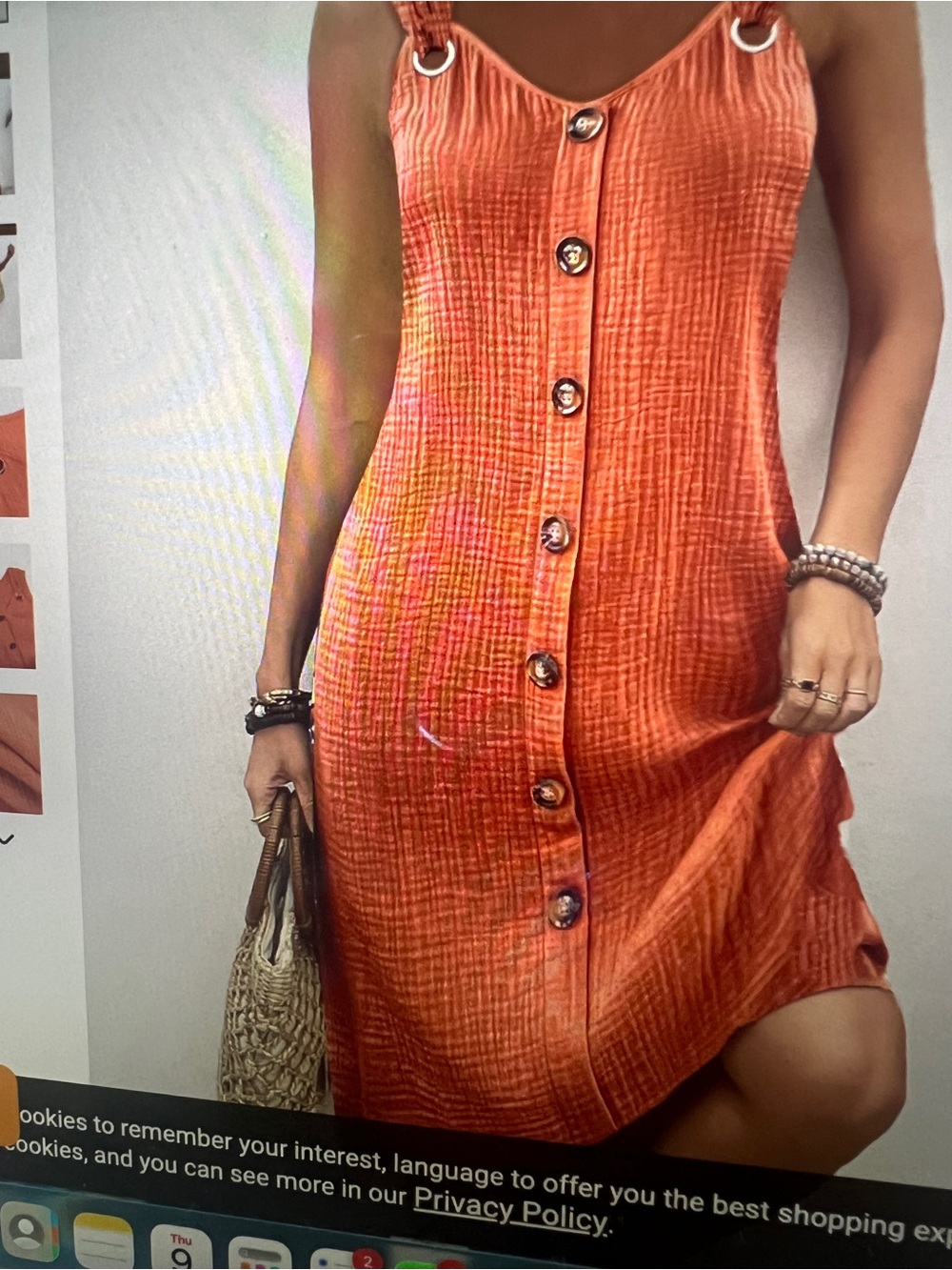 Sleeveless Orange Light Weight Midi Dress with decorative buttons.
